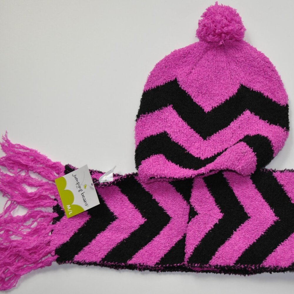 Jumping Beans Girls 2 Piece Hat & Scarf Winter Purple and Black Zig Zag Set